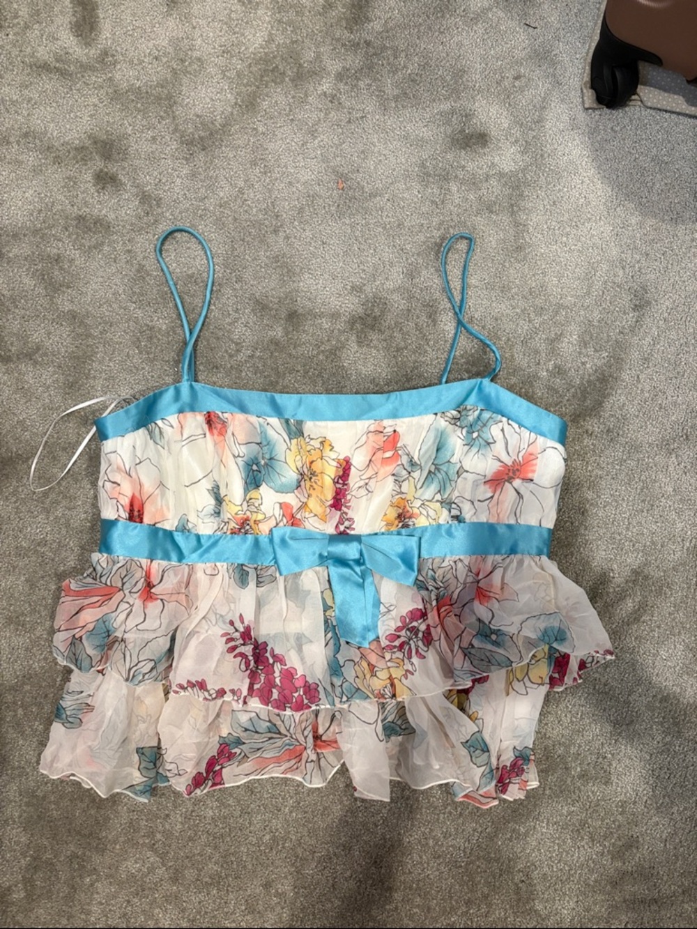 Allen B. By Allen Schwartz White Floral Tiered Cami with Bright Blue Trim
